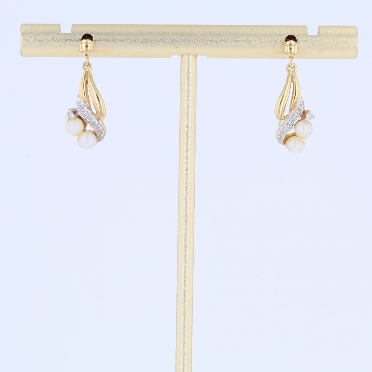 Modern Two Gold Diamond Cultured Pearl Earrings-photo-3