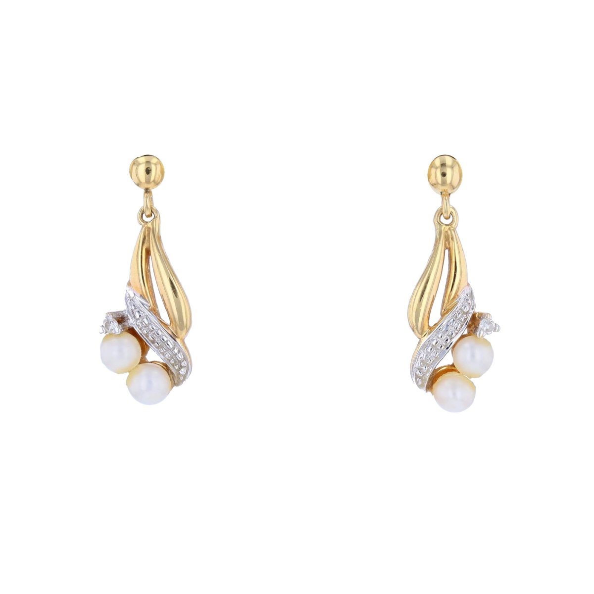Modern Two Gold Diamond Cultured Pearl Earrings