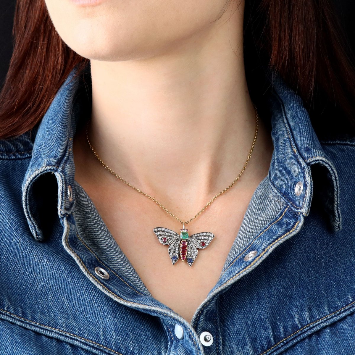 Pendentif papillon ancien diamants émeraude rubis saphirs-photo-2