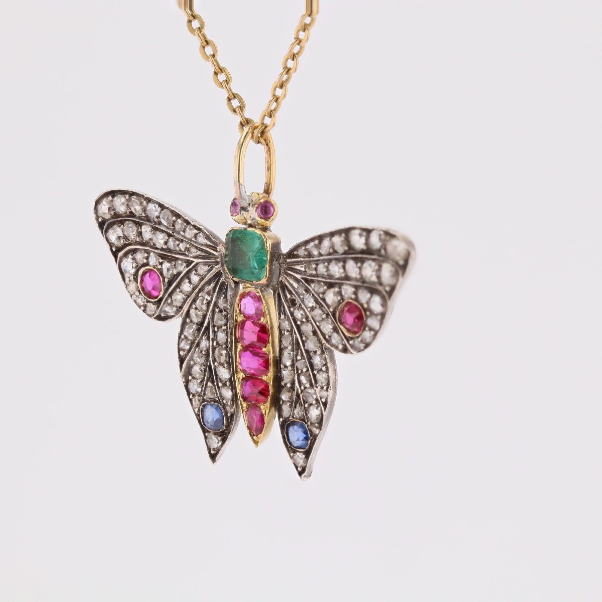 Pendentif papillon ancien diamants émeraude rubis saphirs-photo-4