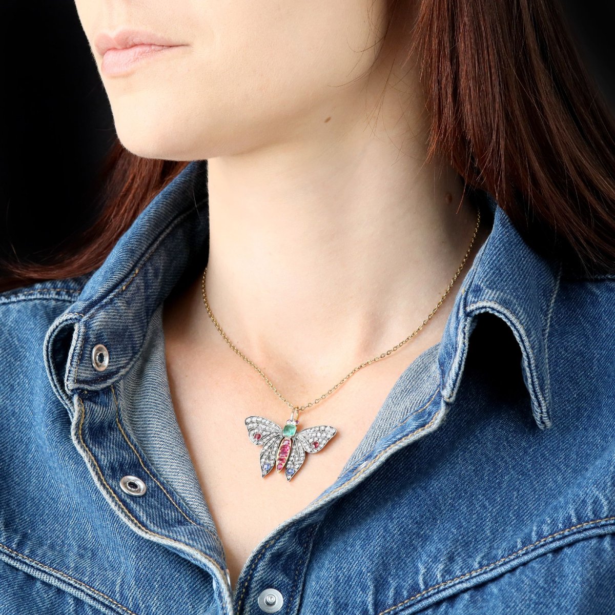 Pendentif papillon ancien diamants émeraude rubis saphirs-photo-4