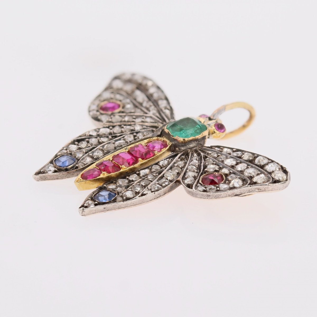 Pendentif papillon ancien diamants émeraude rubis saphirs-photo-5