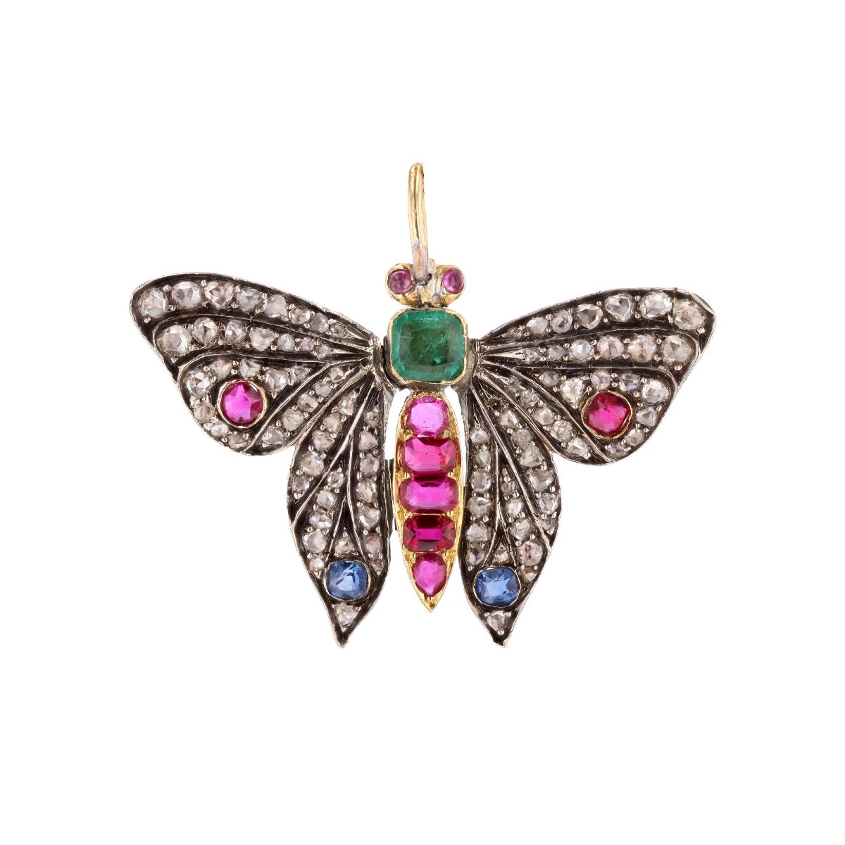 Pendentif papillon ancien diamants émeraude rubis saphirs