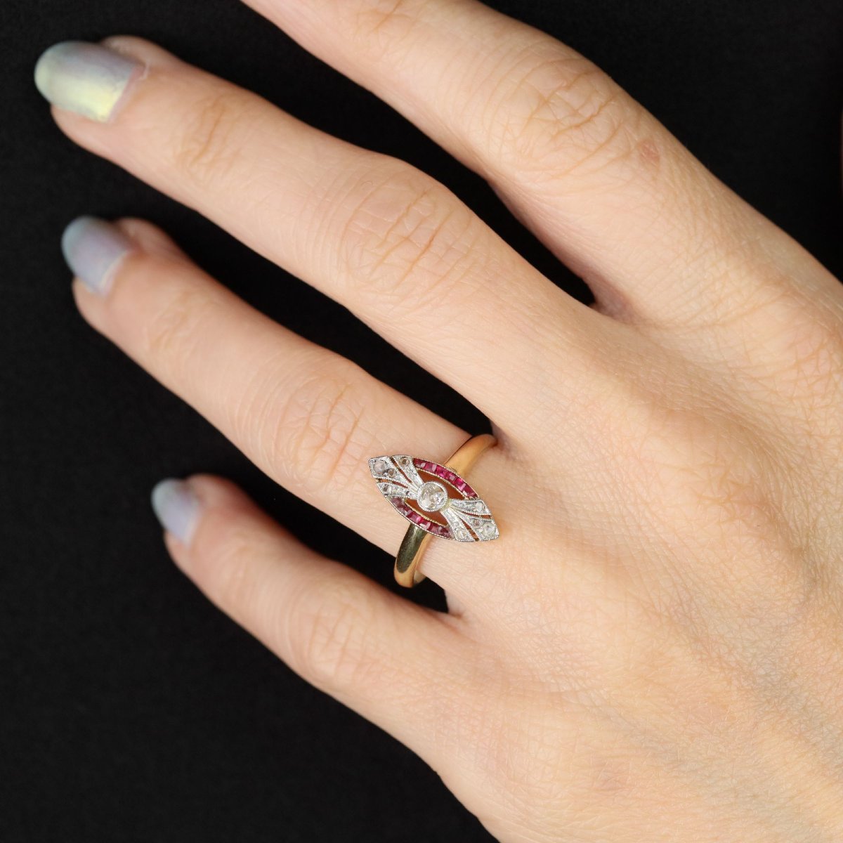 Bague art déco navette diamants et rubis-photo-2