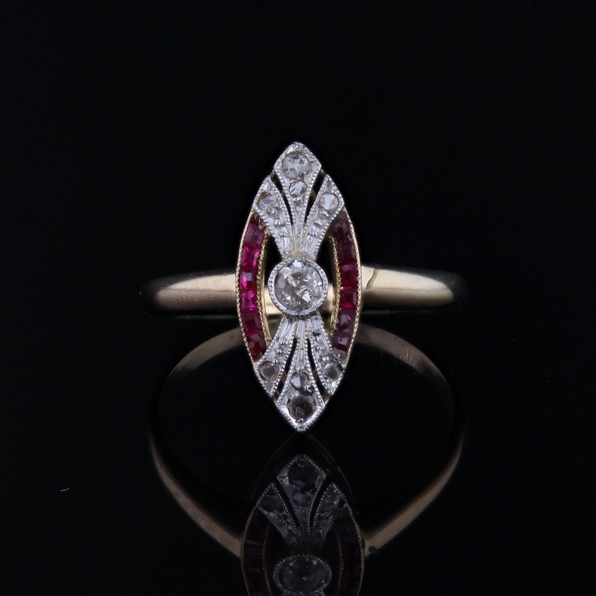 Bague art déco navette diamants et rubis-photo-3