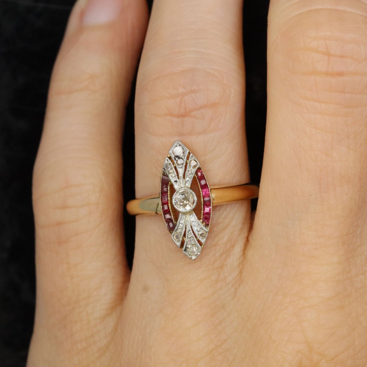 Bague art déco navette diamants et rubis-photo-4