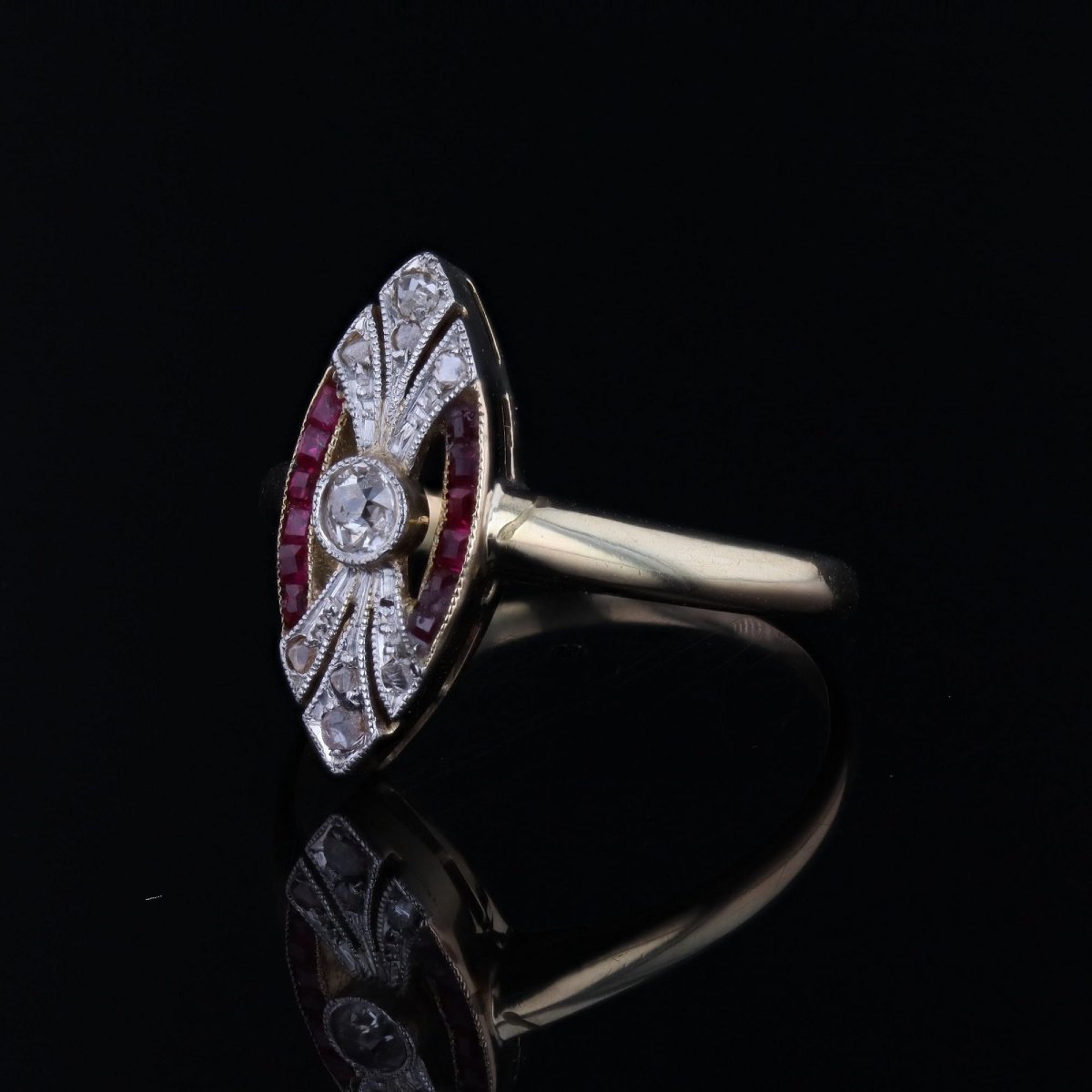 Bague art déco navette diamants et rubis-photo-5