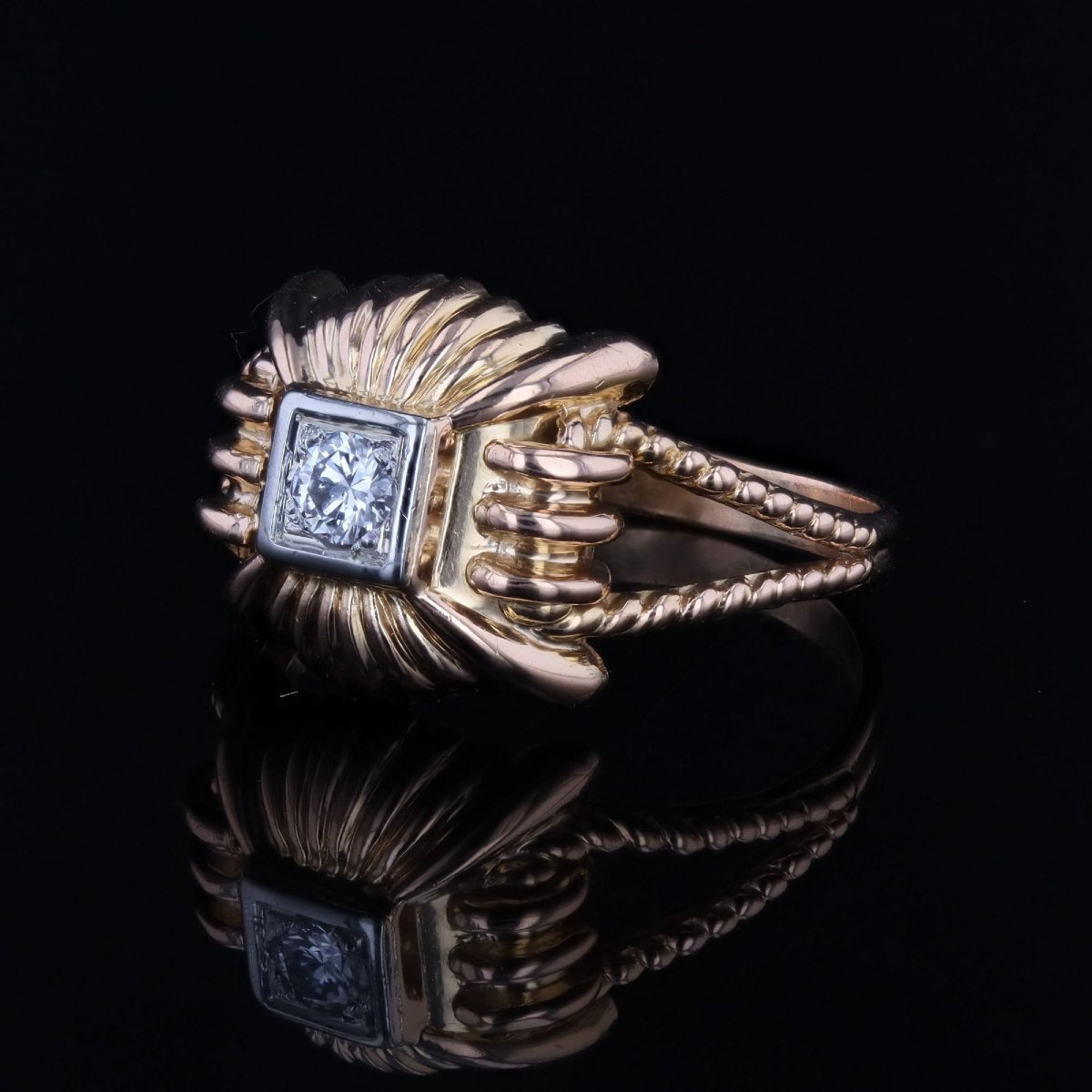 Bague rétro godronnée or rose diamant-photo-3