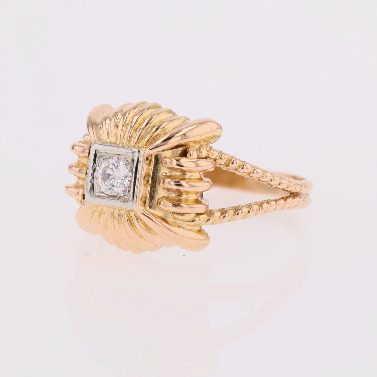 Bague rétro godronnée or rose diamant-photo-4
