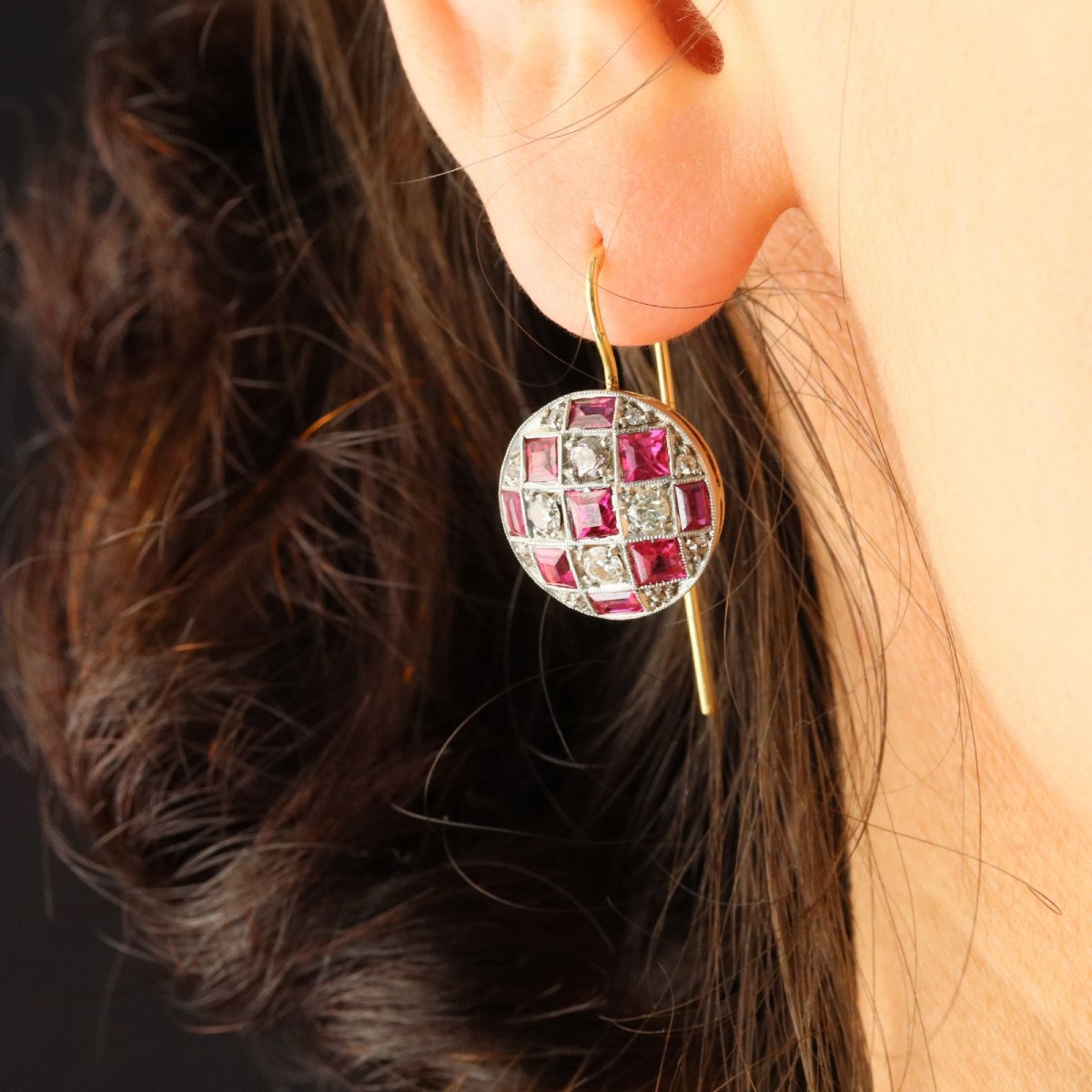 Boucles d'oreilles ancienne rondes diamants et rubis-photo-2