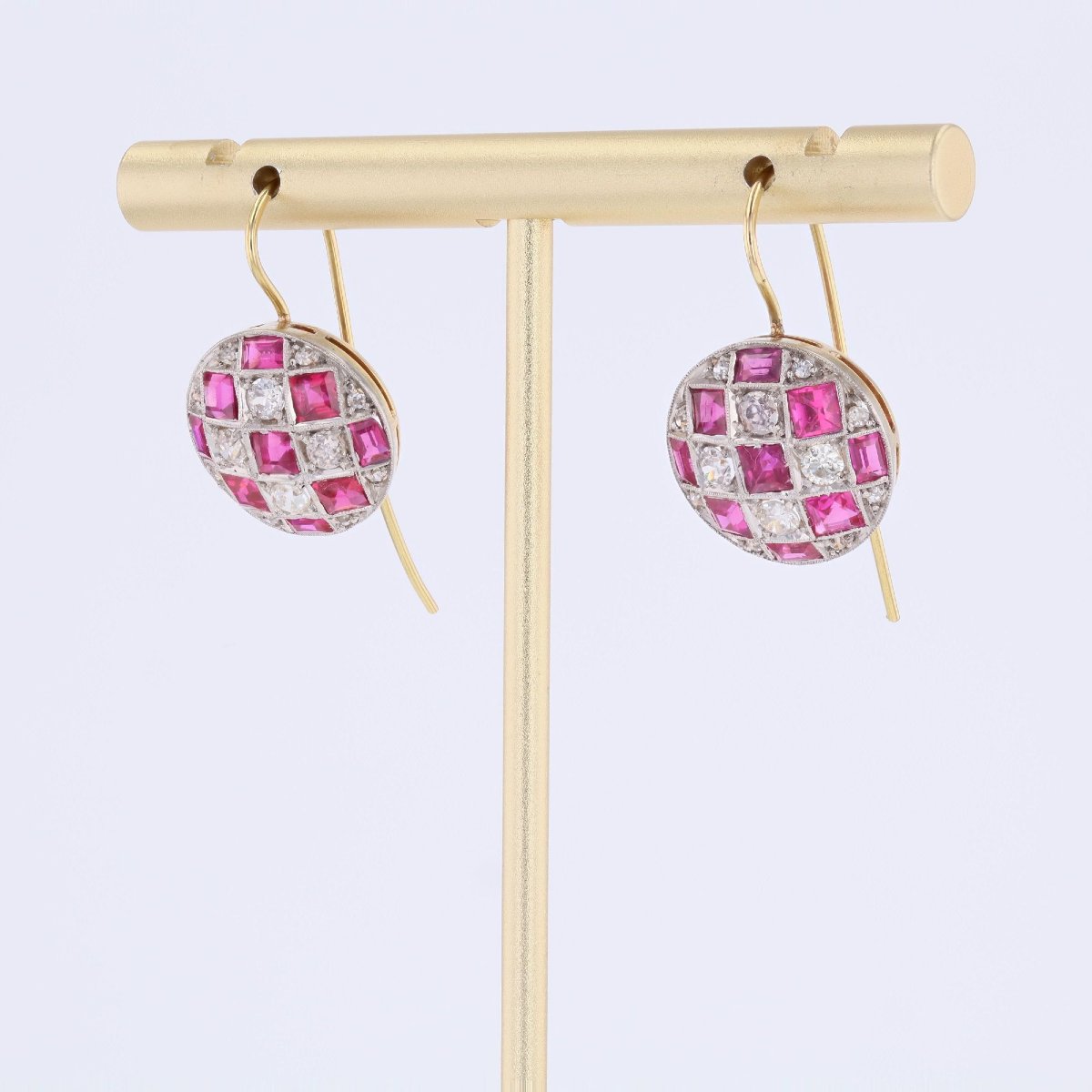Boucles d'oreilles ancienne rondes diamants et rubis-photo-4