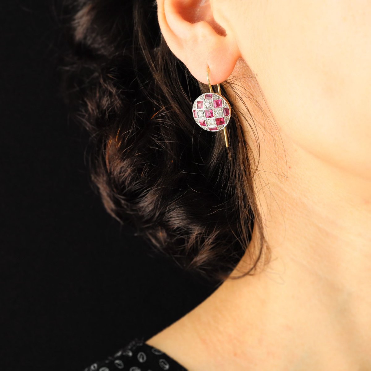 Boucles d'oreilles ancienne rondes diamants et rubis-photo-3