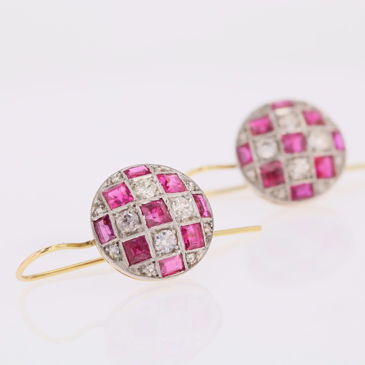 Boucles d'oreilles ancienne rondes diamants et rubis-photo-4