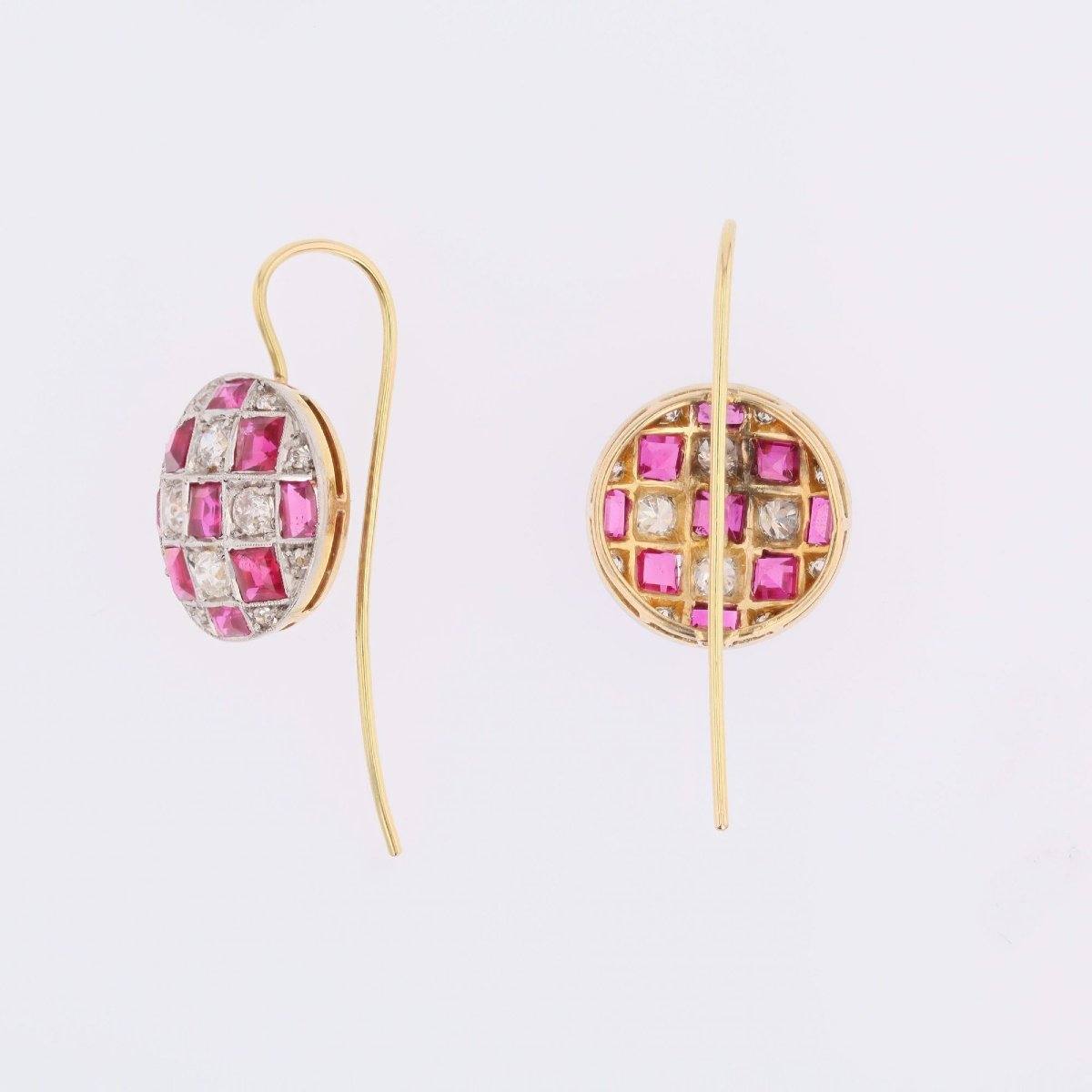 Boucles d'oreilles ancienne rondes diamants et rubis-photo-6
