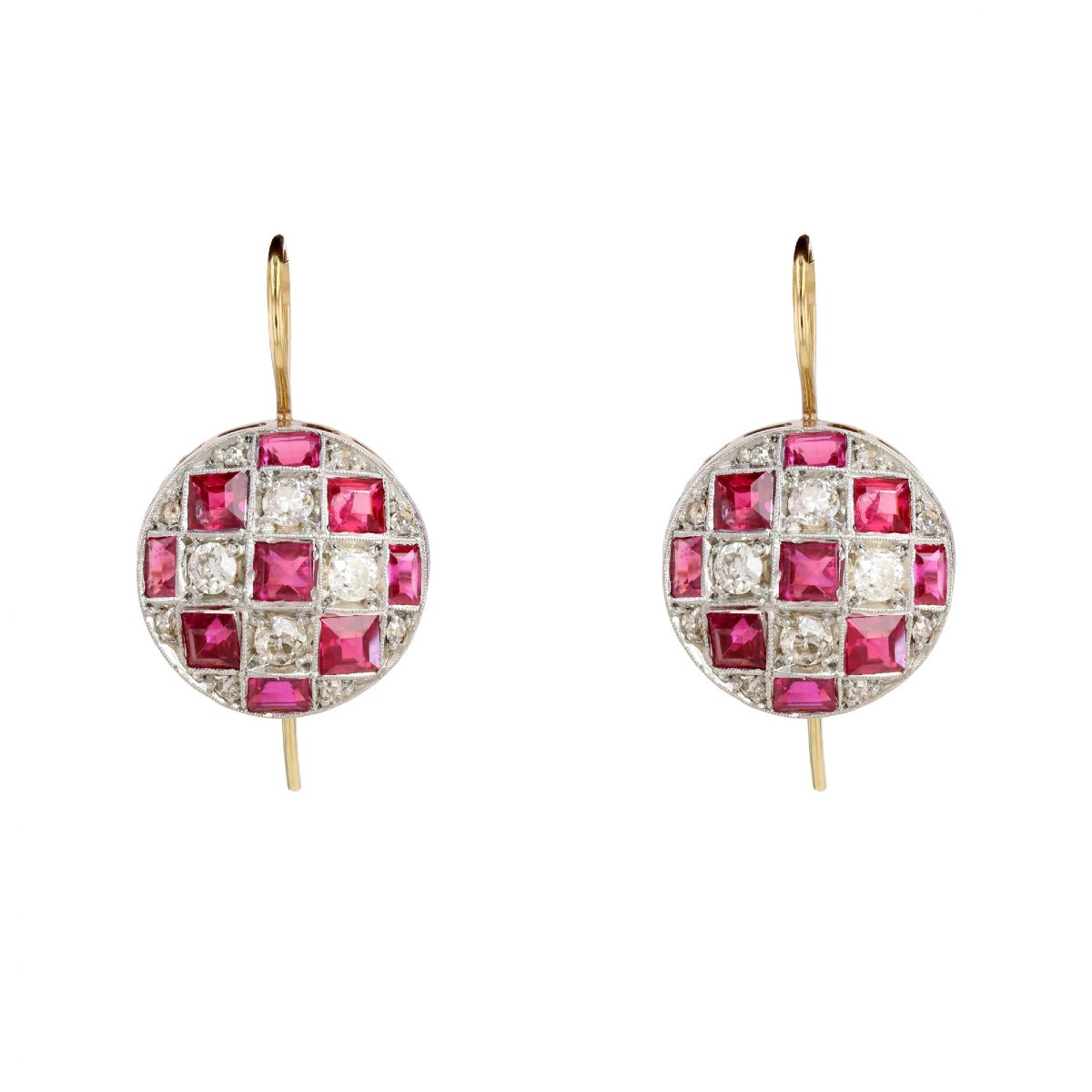 Boucles d'oreilles ancienne rondes diamants et rubis