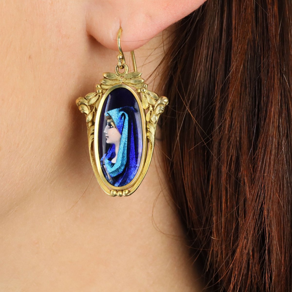 Vintage Gold Earrings With Limoges Enamel-photo-2