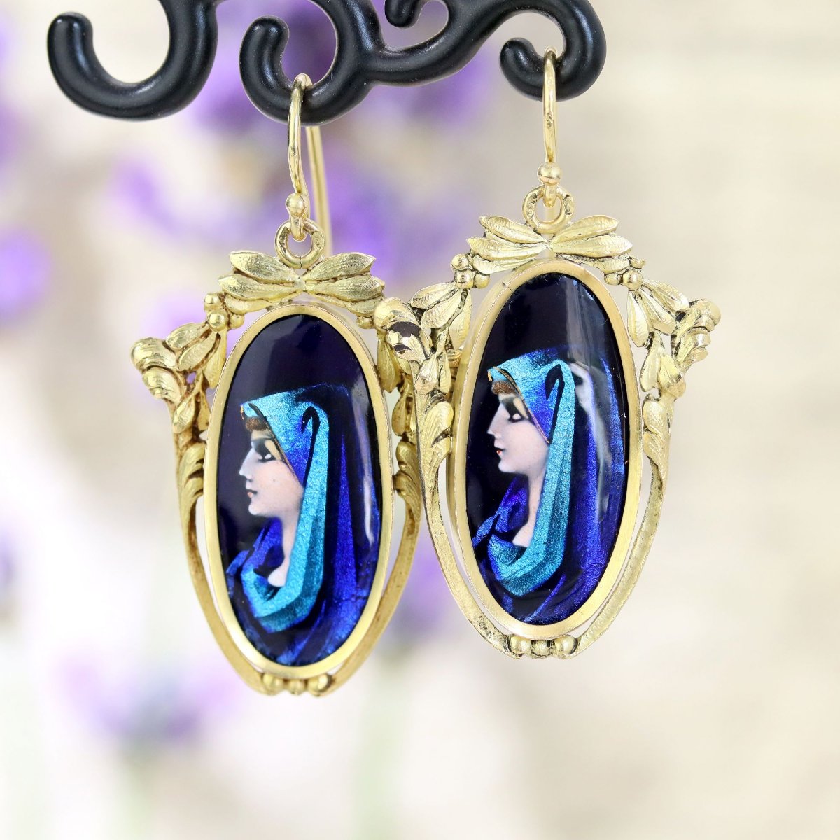 Vintage Gold Earrings With Limoges Enamel-photo-3