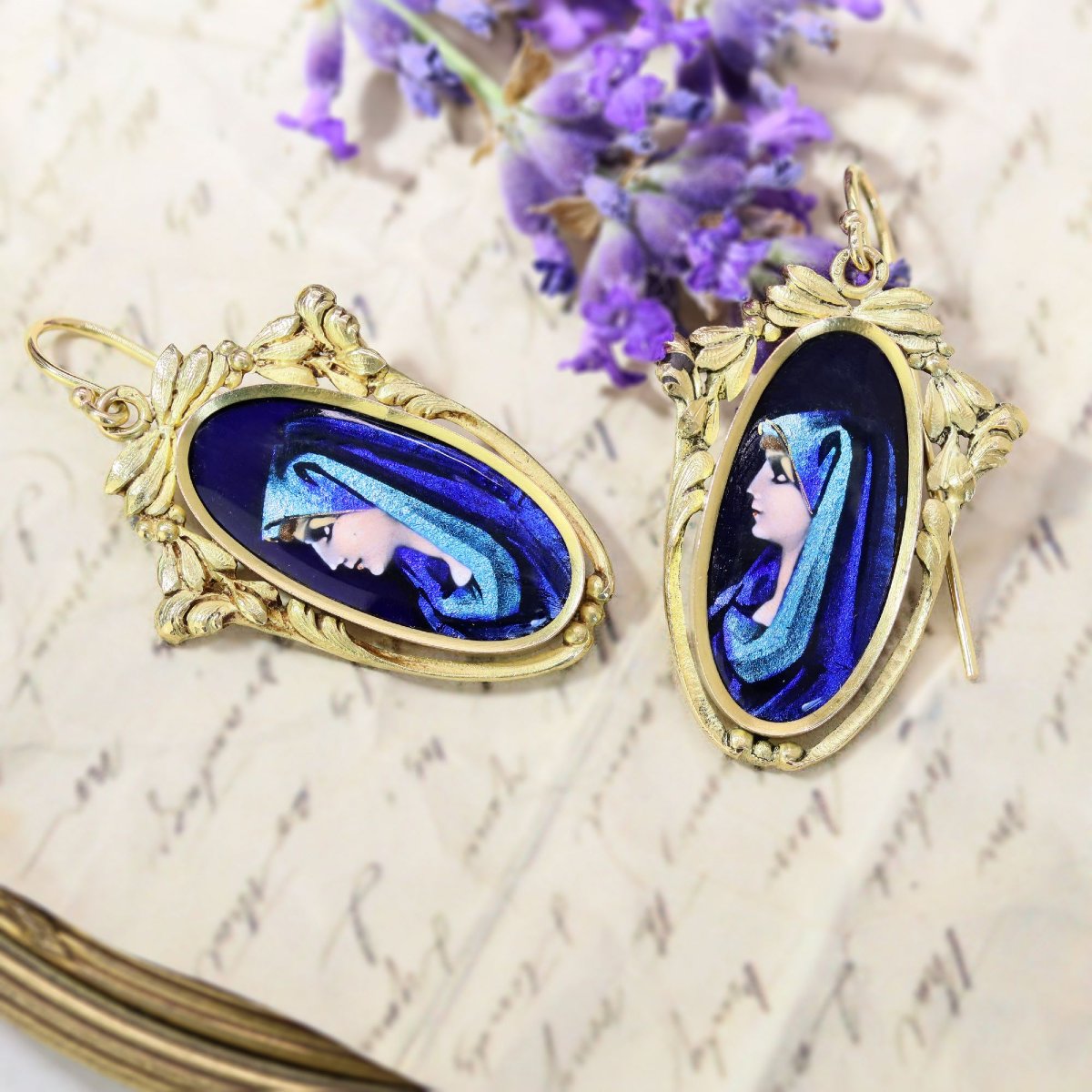 Vintage Gold Earrings With Limoges Enamel-photo-2