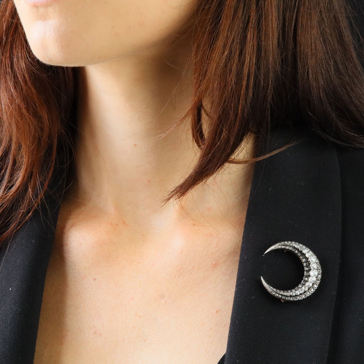 Broche ancienne croissant de lune diamants-photo-2