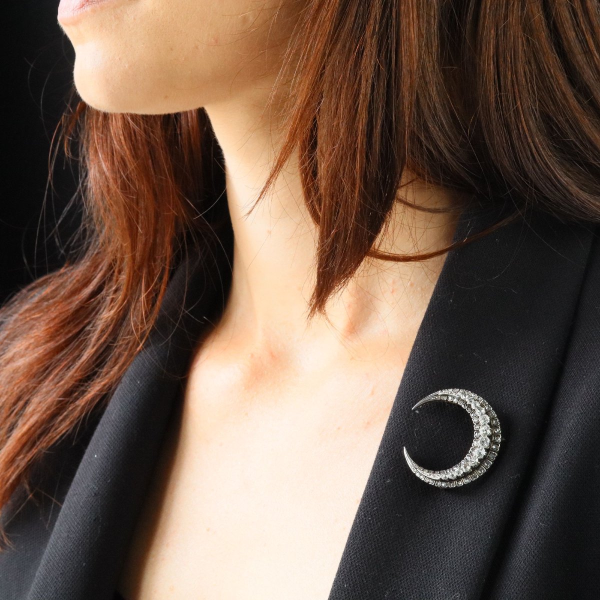 Broche ancienne croissant de lune diamants-photo-3