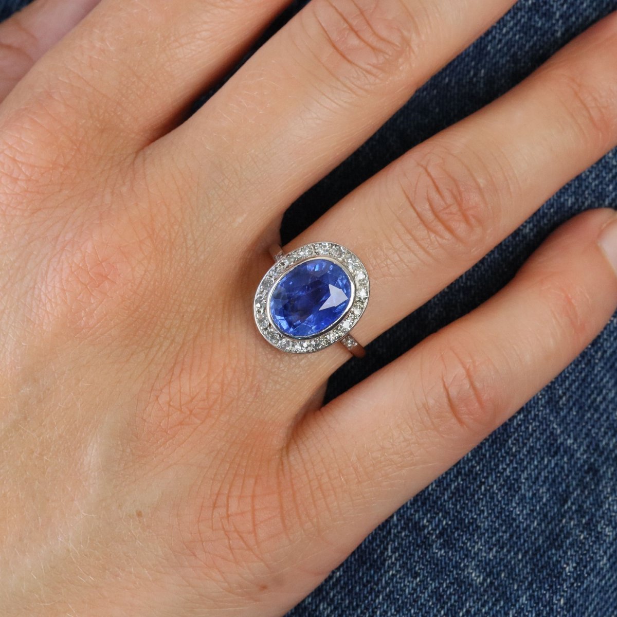 Bague ovale saphir diamants platine-photo-2