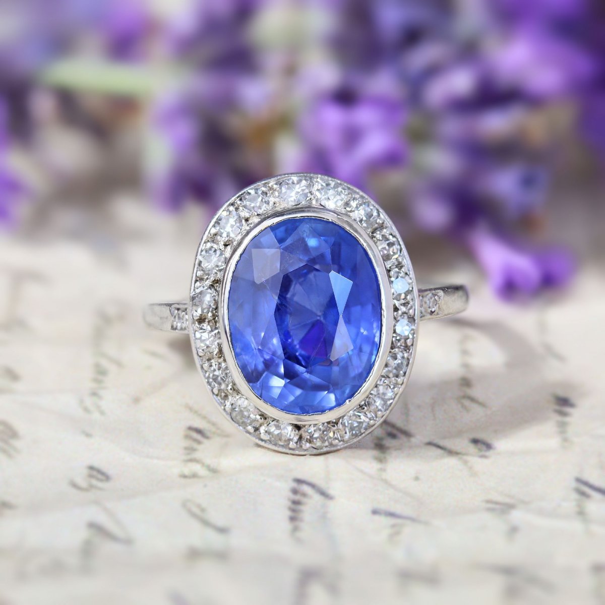 Bague ovale saphir diamants platine-photo-3