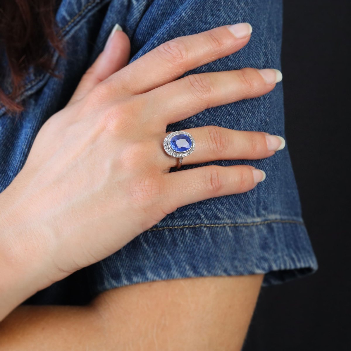 Bague ovale saphir diamants platine-photo-1