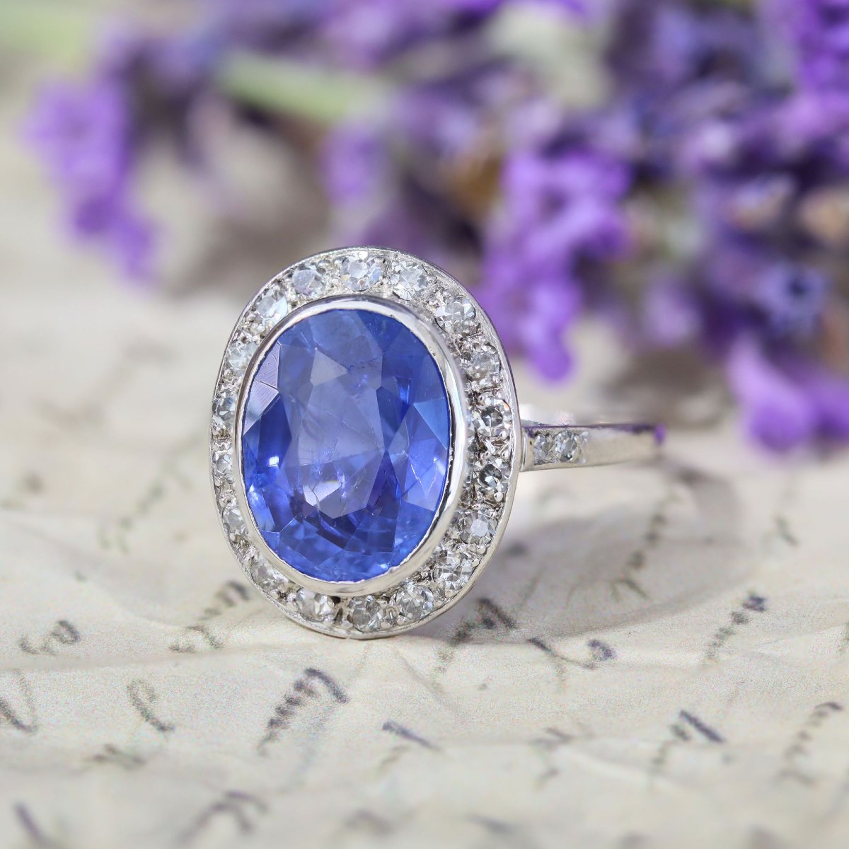 Bague ovale saphir diamants platine-photo-2