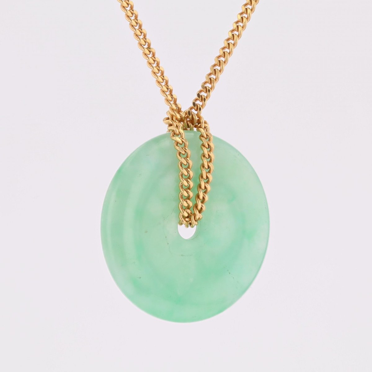 Yellow Gold Cuff Bracelet With Jade Disc-photo-2