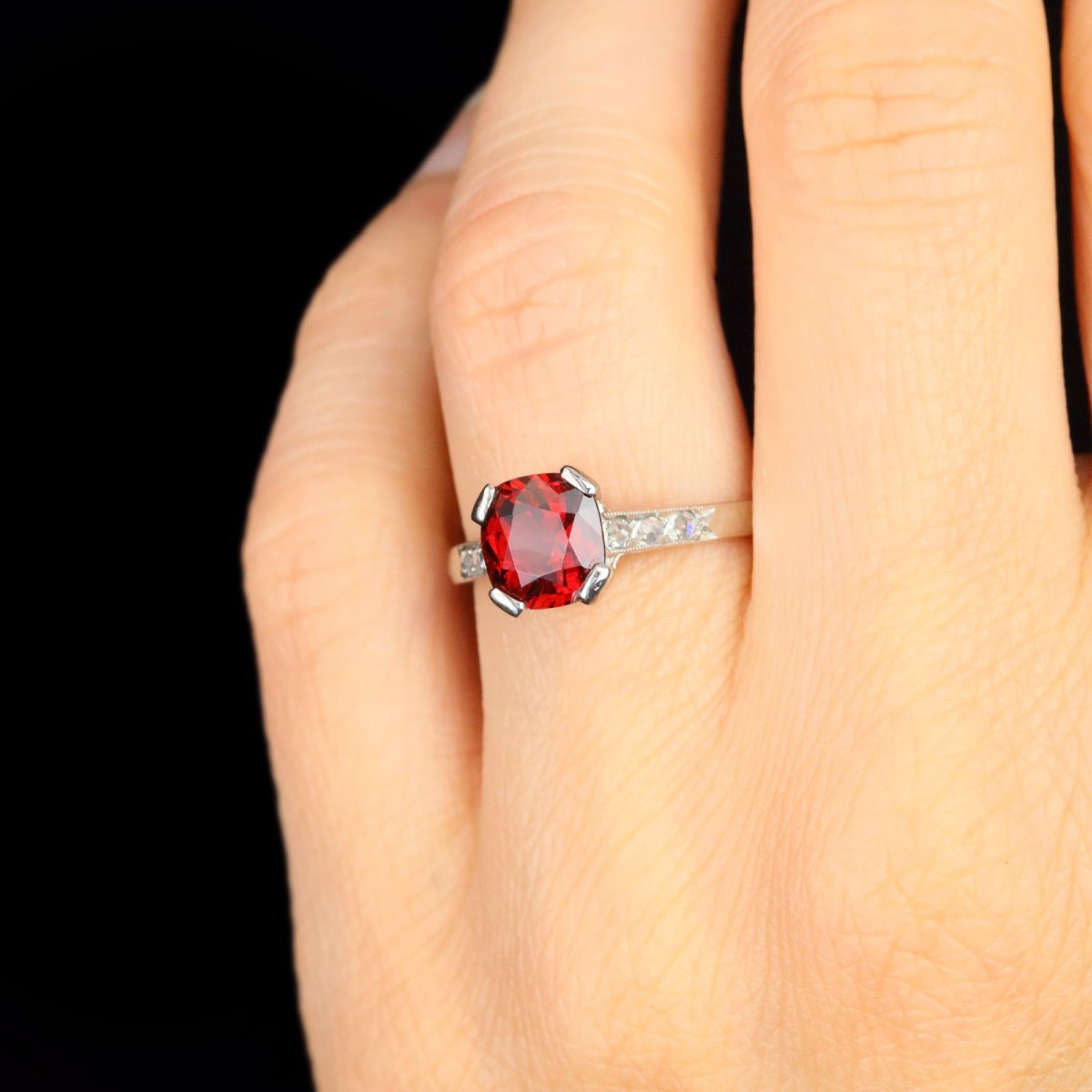 Bague ancienne spinelle rouge diamants platine-photo-5