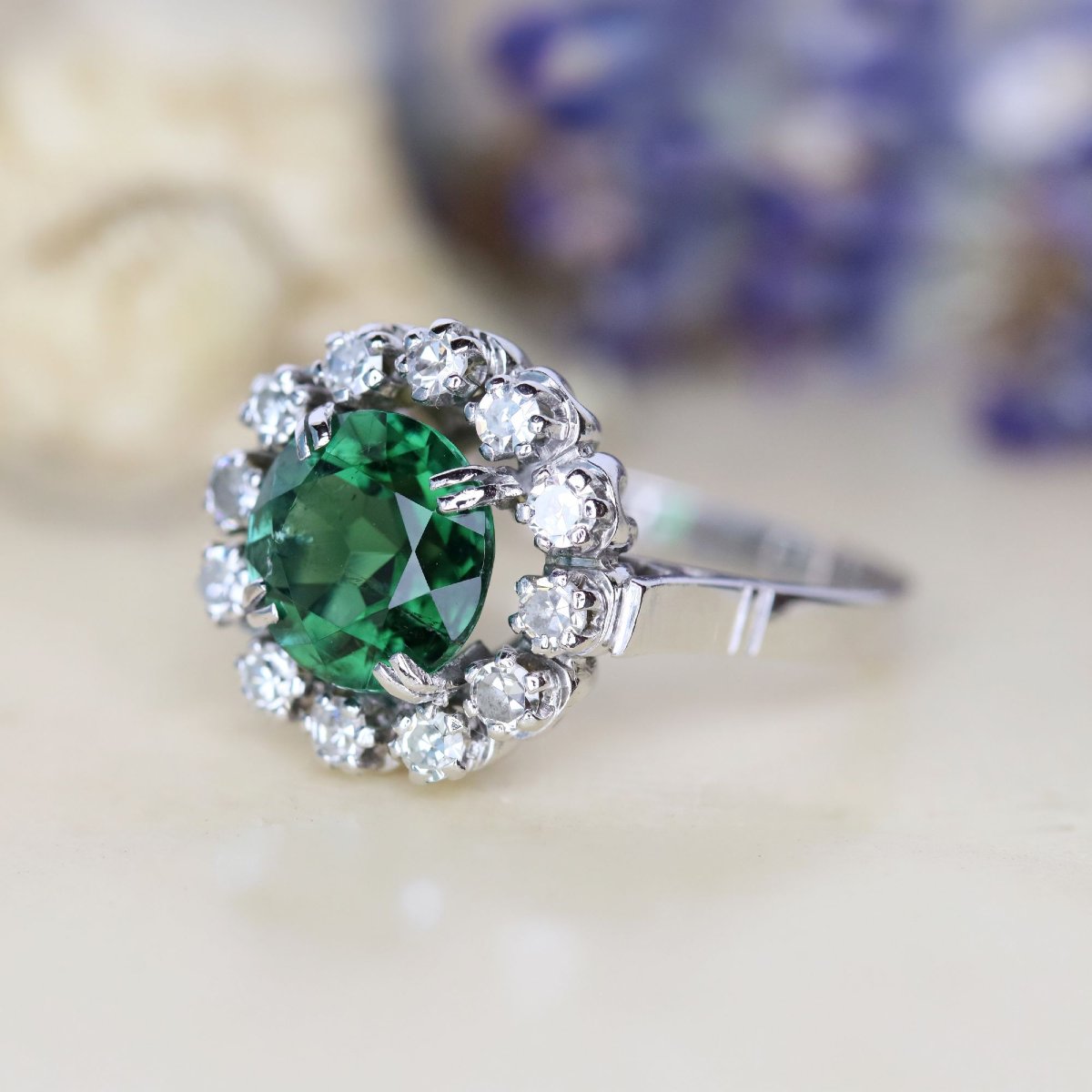 Vintage Tourmaline And Diamond Ring In White Gold-photo-4