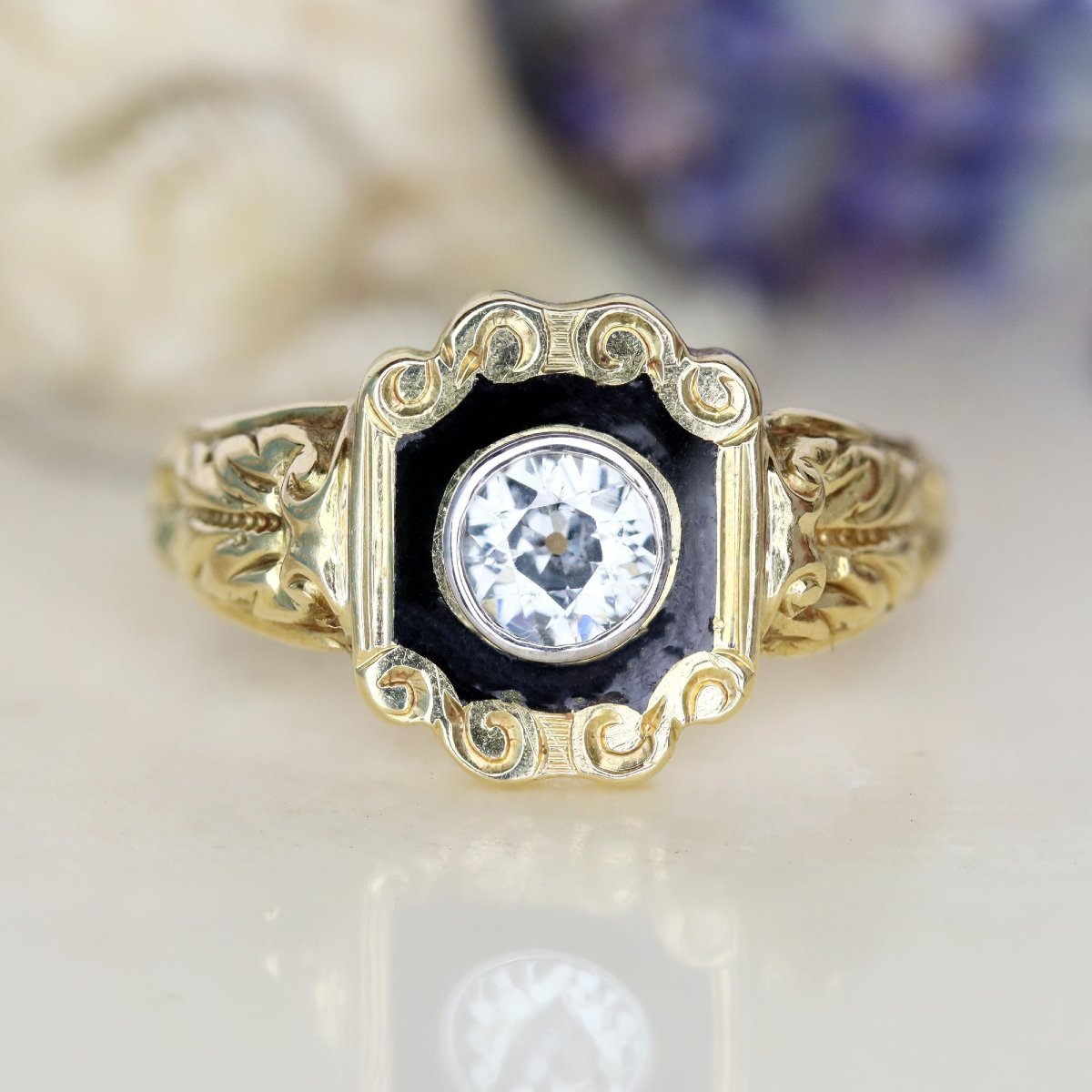 Bague ancienne diamant et émail noir-photo-3