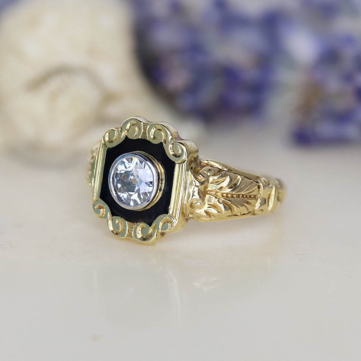 Bague ancienne diamant et émail noir-photo-2