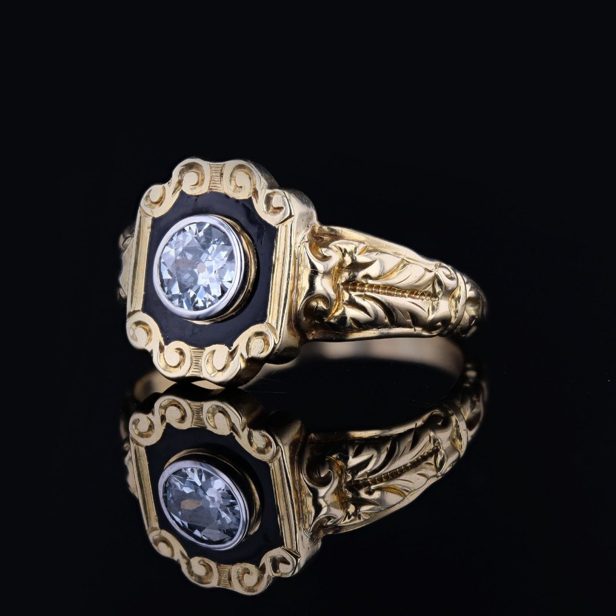 Bague ancienne diamant et émail noir-photo-3
