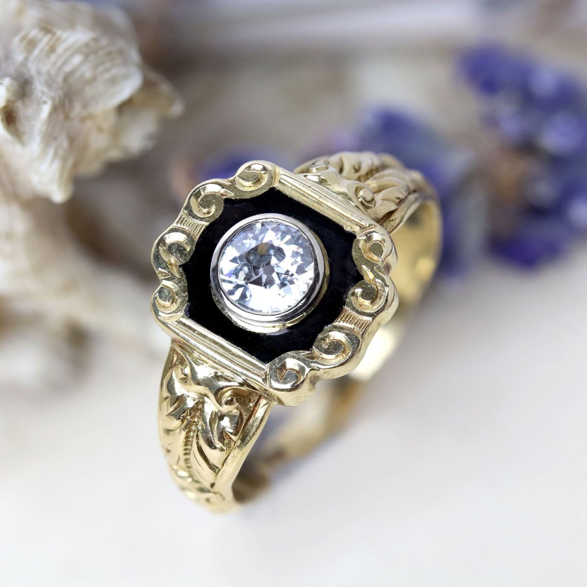 Bague ancienne diamant et émail noir-photo-6