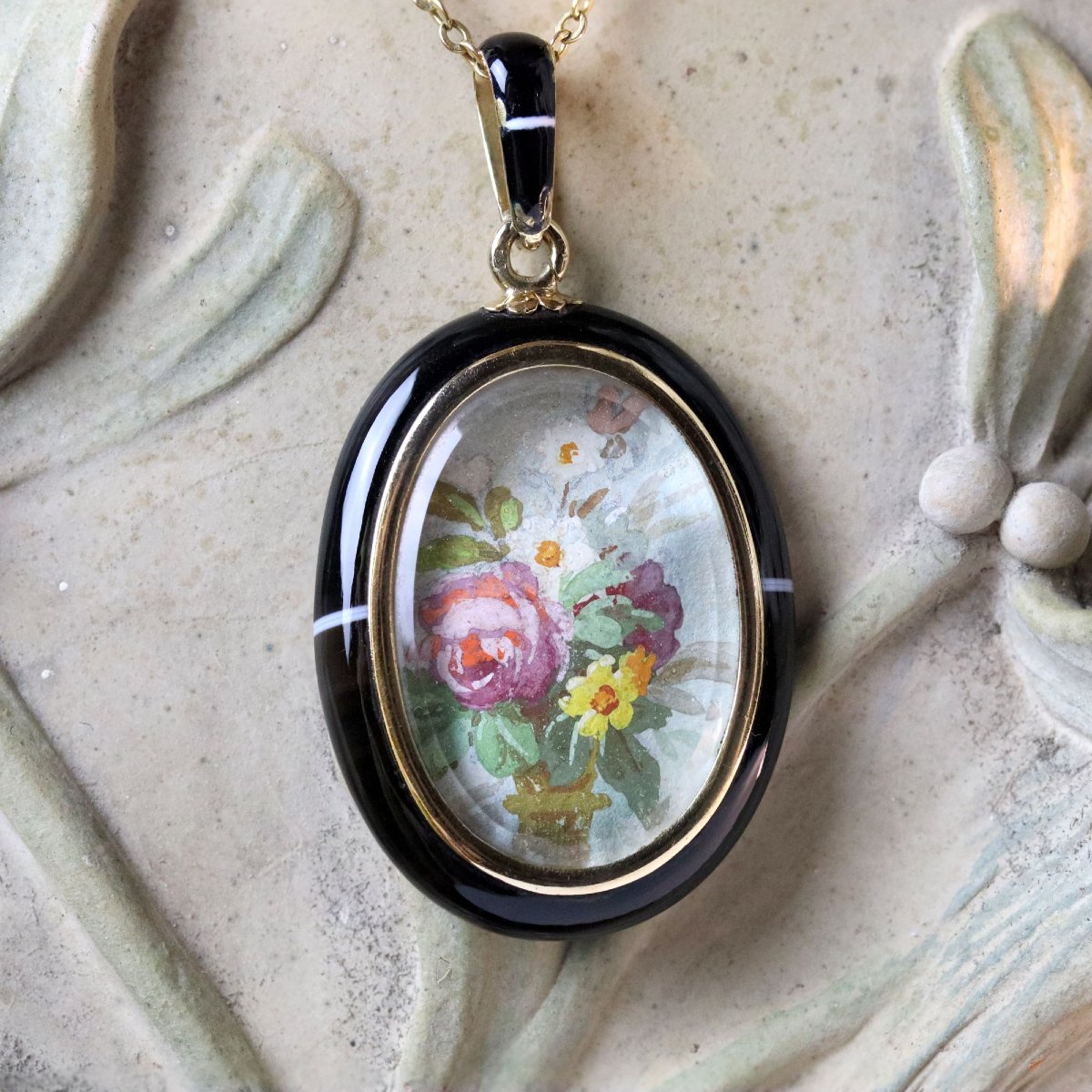 Ribbon Agate Medallion Pendant With Floral Miniature-photo-3