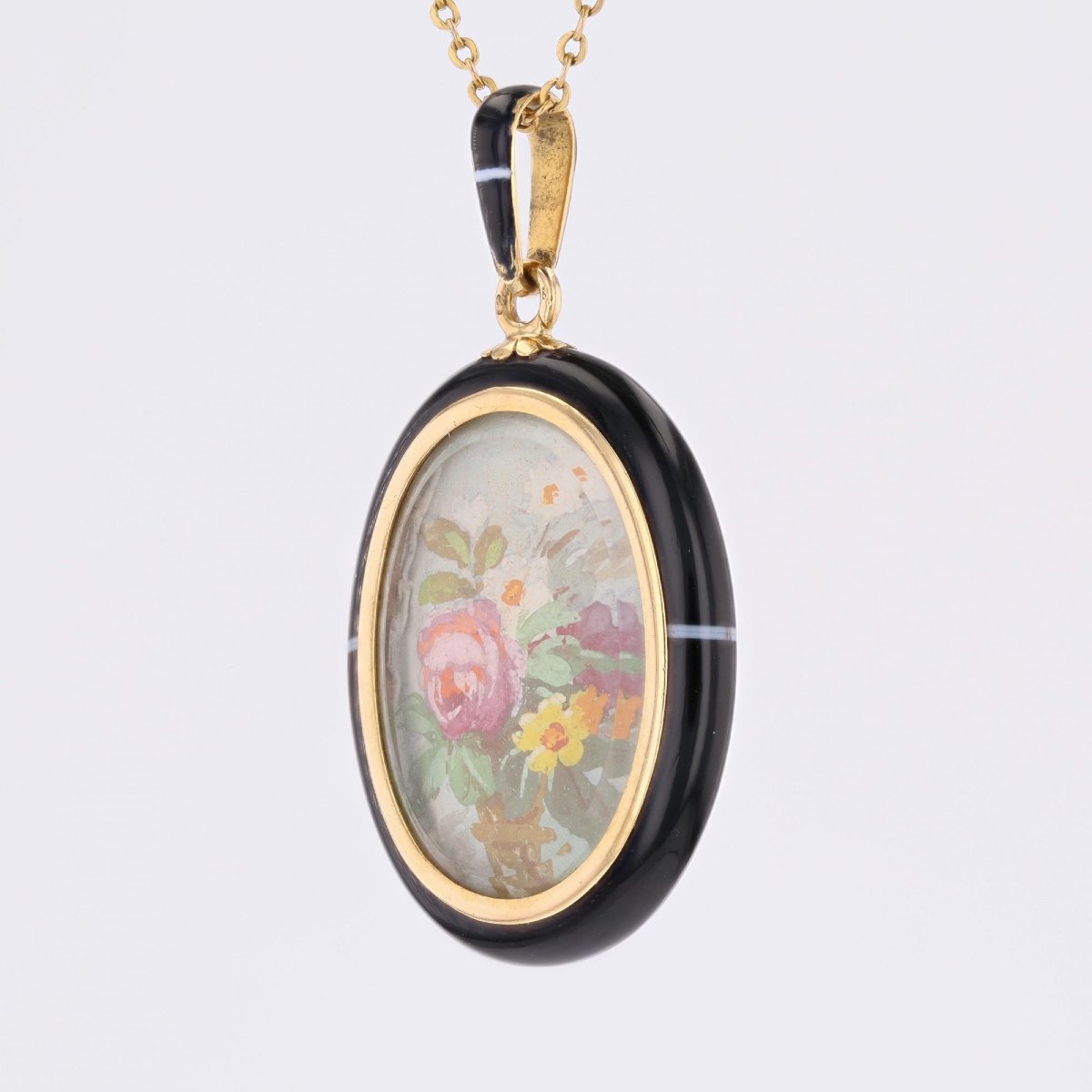 Ribbon Agate Medallion Pendant With Floral Miniature-photo-4