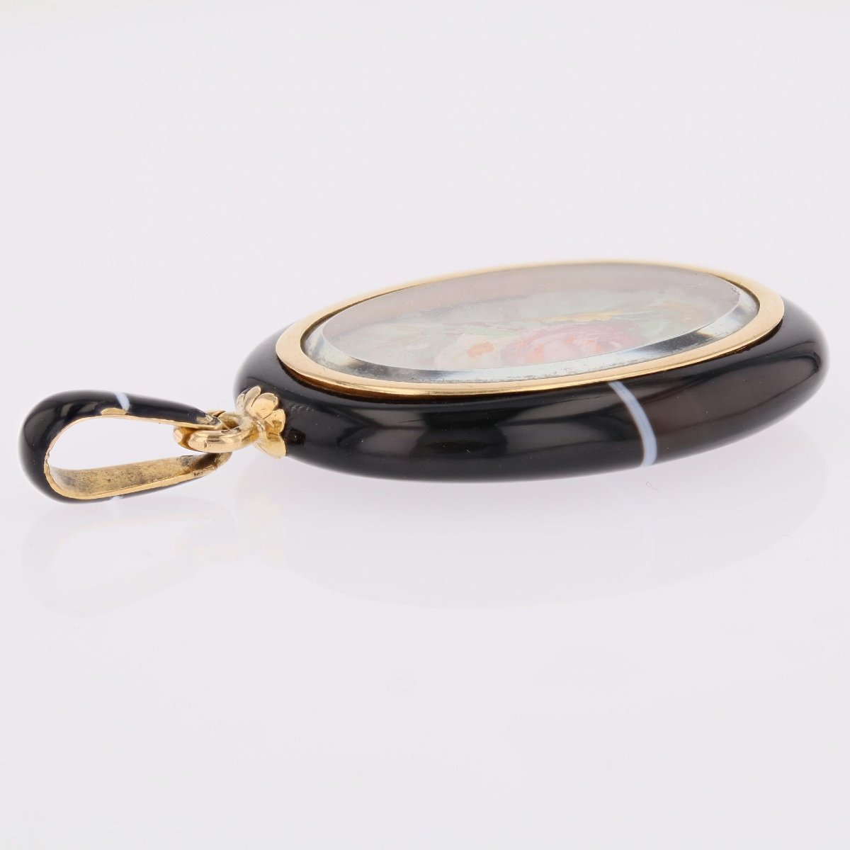 Ribbon Agate Medallion Pendant With Floral Miniature-photo-3