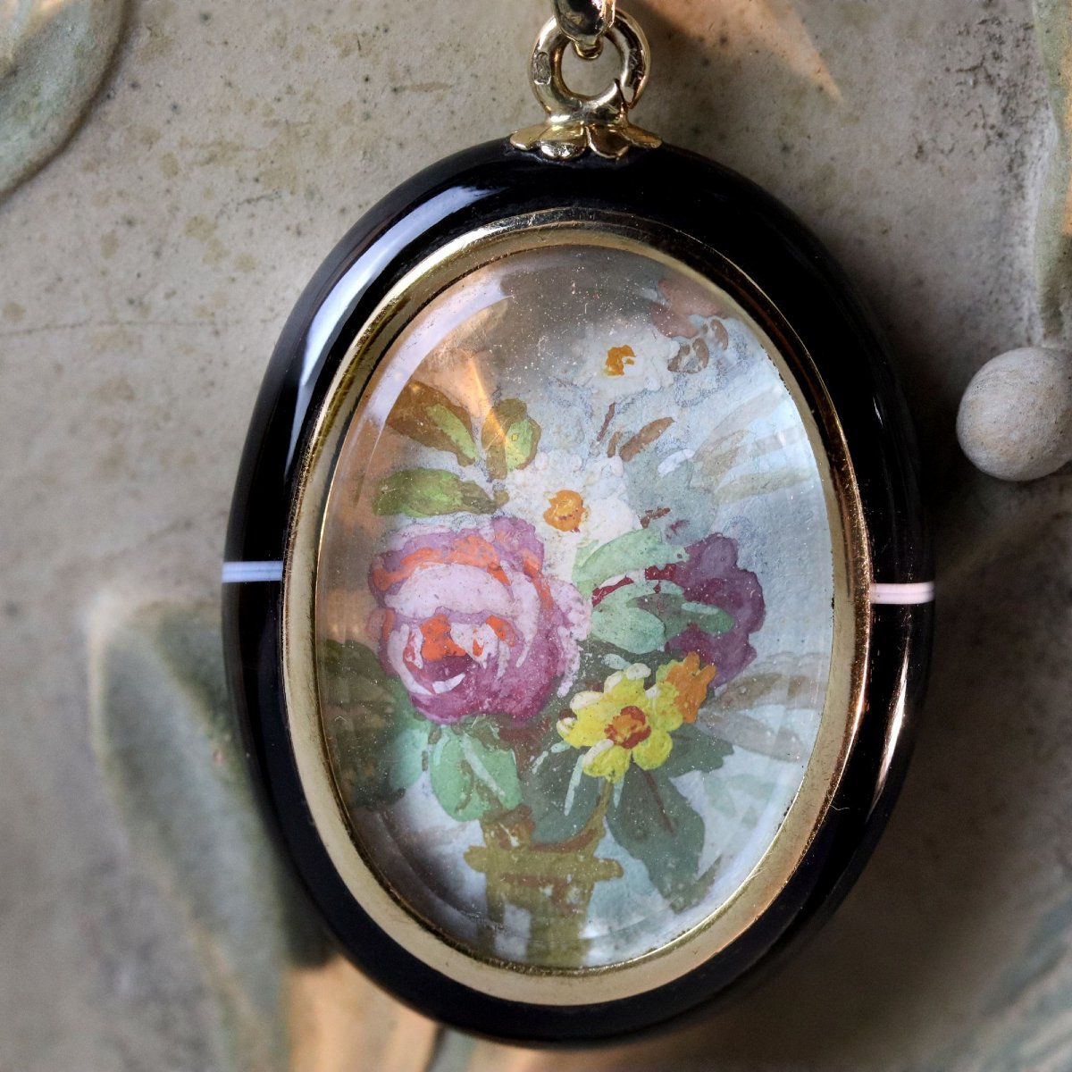Ribbon Agate Medallion Pendant With Floral Miniature-photo-5