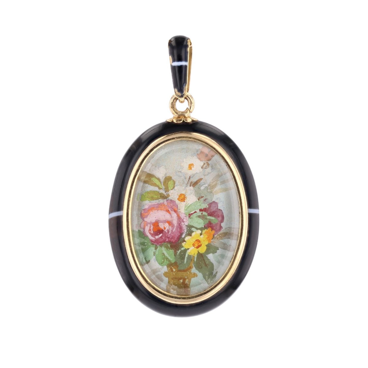 Ribbon Agate Medallion Pendant With Floral Miniature