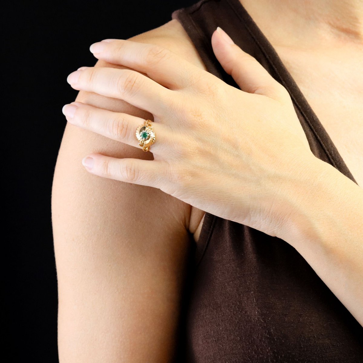 Bague rétro émeraude or rose-photo-4