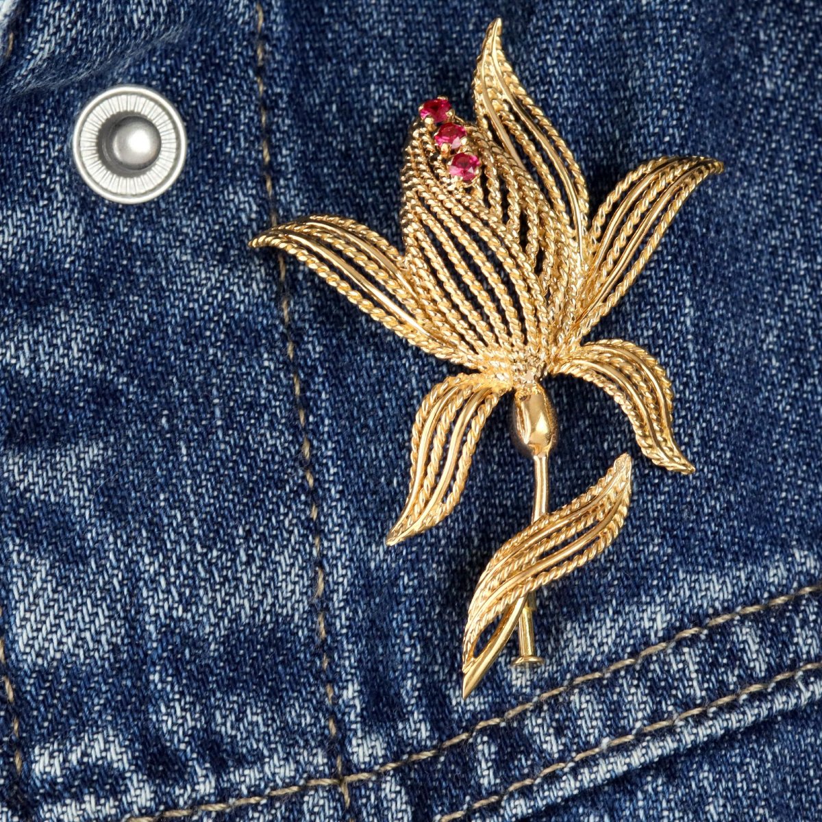 Broche vintage fleur or rubis de synthèse-photo-2