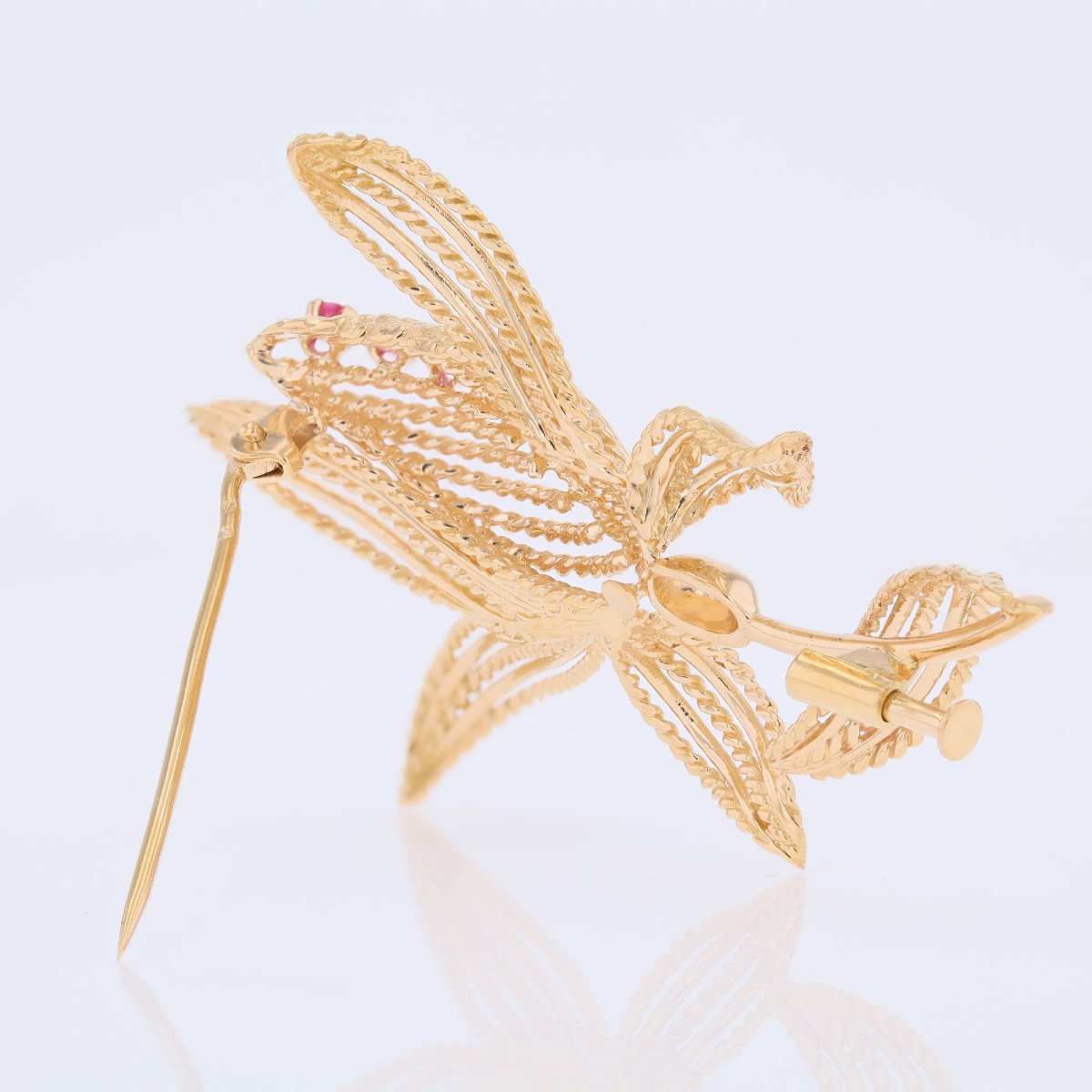 Broche vintage fleur or rubis de synthèse-photo-4