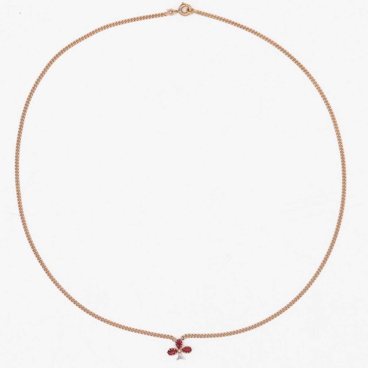 Collier or rose trèfle rubis diamants perle fine-photo-1