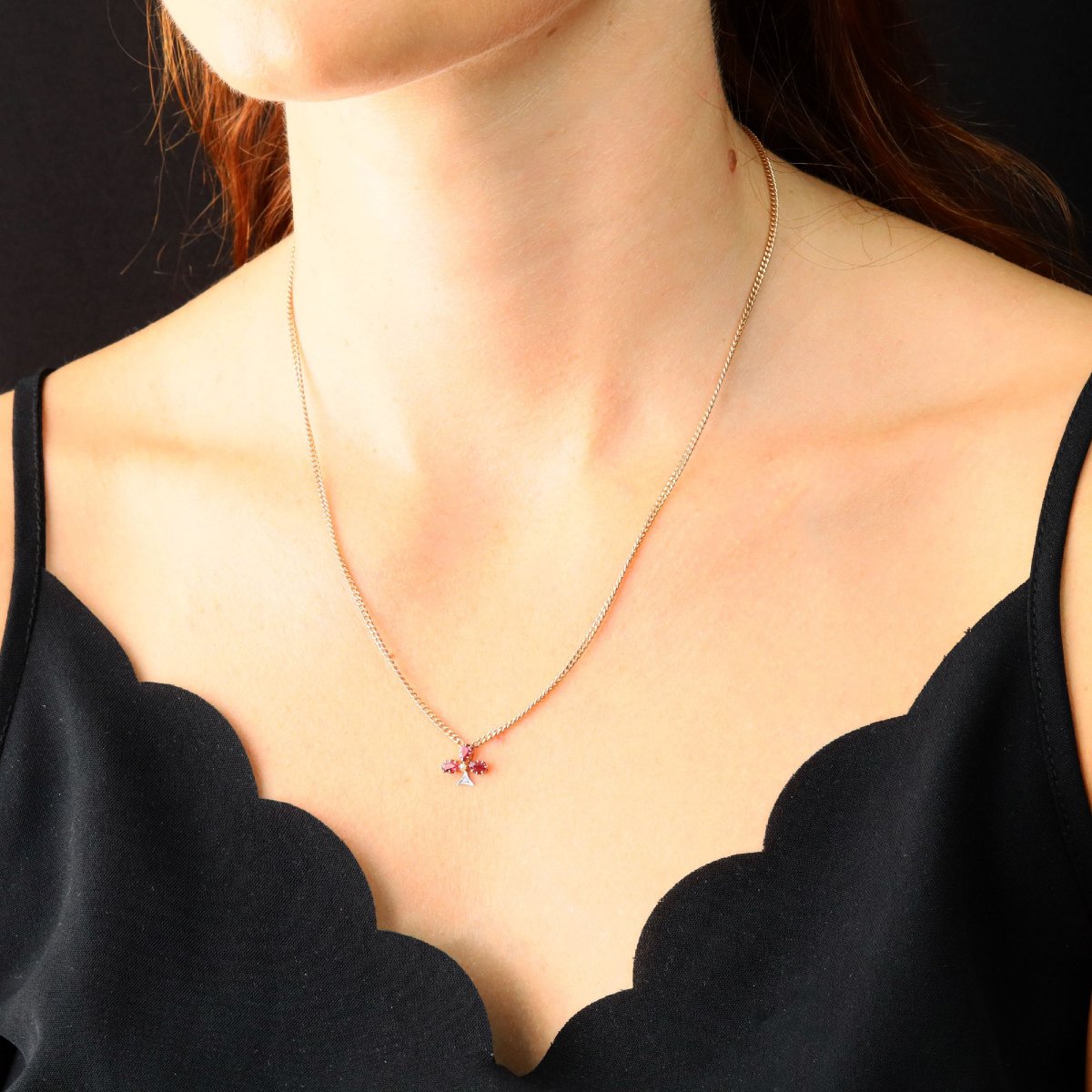 Collier or rose trèfle rubis diamants perle fine-photo-3