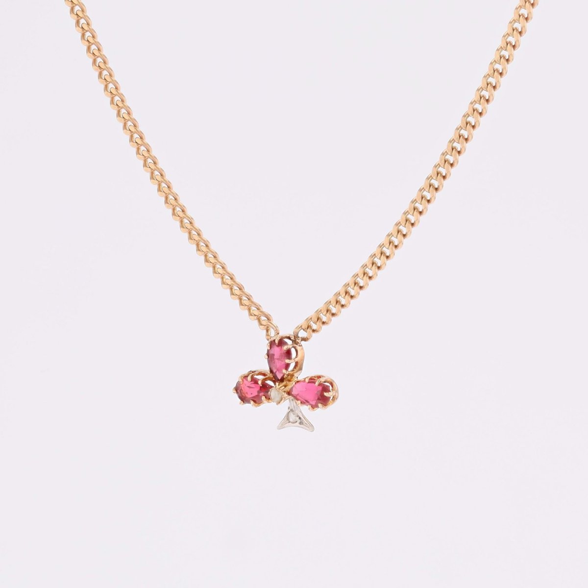 Collier or rose trèfle rubis diamants perle fine-photo-4