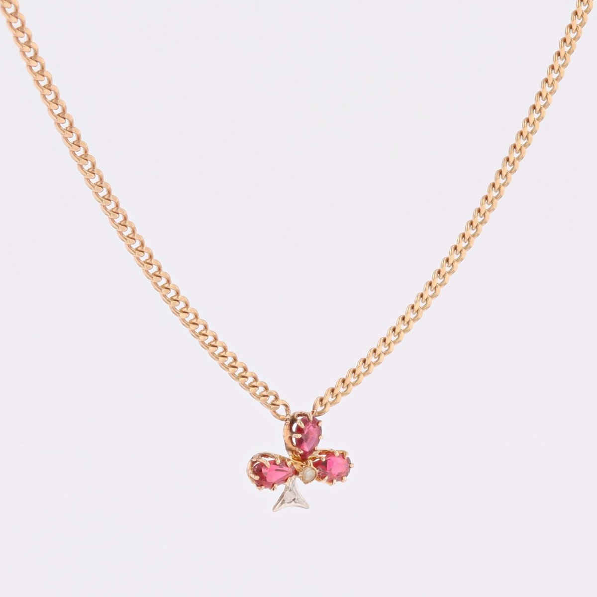 Collier or rose trèfle rubis diamants perle fine-photo-5