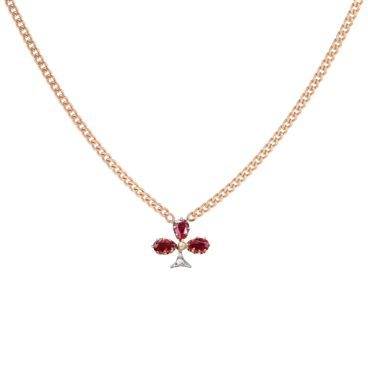 Collier or rose trèfle rubis diamants perle fine