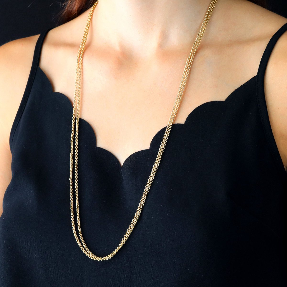 Longue chaine ancienne or jaune double jaseron-photo-4