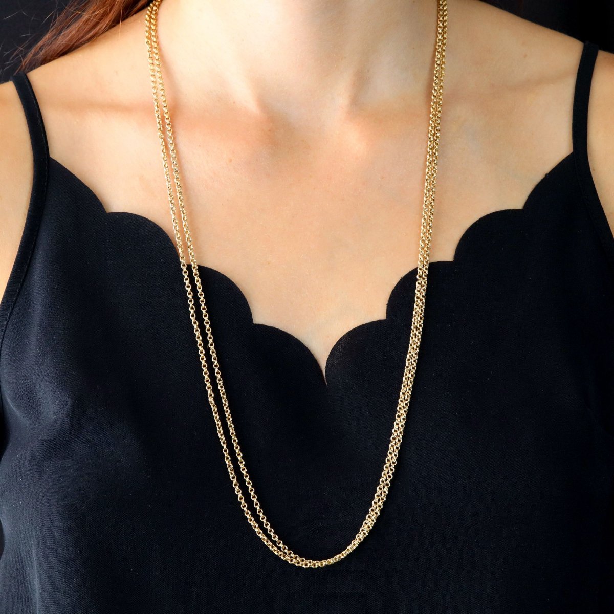 Longue chaine ancienne or jaune double jaseron-photo-3